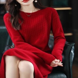 Round Neck Cashmere Dress Women’s Long Pullover Sweater Autumn And Winter New Knitted Knee-Length Pure Wool Dress