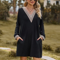 Autumn and Winter Fashion Vintage Casual Women’s Loose V-neck Pullover with Lace Off Shoulder Commuter Solid Pocket Sexy Dresses