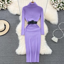 Autumn Winter Elegant Turtleneck Long Sleeve Knit Soft Tight Pencil Dress with Belt Slim Fashion Warm Sexy Women Sweater Dresses